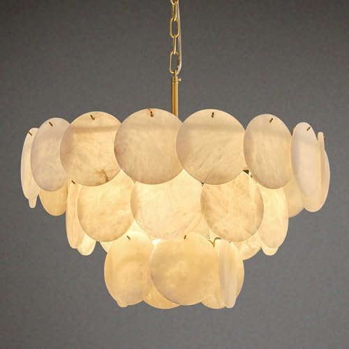 Alabaster Round Chandelier, 26" Natural Spanish Marble Stone Texture Chandeliers, 9-Light Dimmable Alabaster Chandelier, Modern Luxury Lighting for Living Room, Bedroom, Hallway by AUDOSY