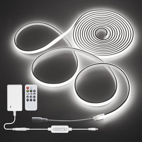 Daylight White LED Strip Lights 16.4FT 24V Waterproof COB LED Strip Kit with Remote Dimmable Flexible LED Tape Light 6000K Uniform Glow 320LEDs/M for Indoor Decor (Adapter are Included) by Samsion
