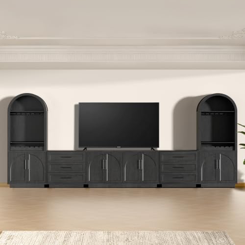 Fatmok Modular Entertainment Center & Coffee Bar with LED Lighting,Charging Station,Arched Wood Sideboard Buffet Cabinet,Modern Liquor&Wine Display Cabinet for Living Room,Black Grey(FEAEF,5-Piece) by Fatmok