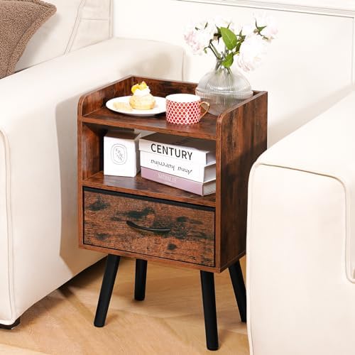 Yoobure Night Stand with Fabric Drawer, Modern Nightstand, Bedside Tables, Mid Century Nightstands with Open Storage Shelf, Wood Bedside Table, Small Night Stands for Bedrooms, 2-Tier Night Table - Image 2