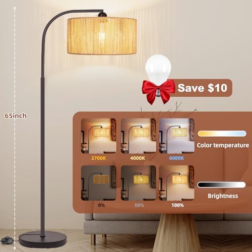 Brilvibera Boho Floor Lamp with Dimmable Bulb Rattan Double Shade Lamp - Image 2