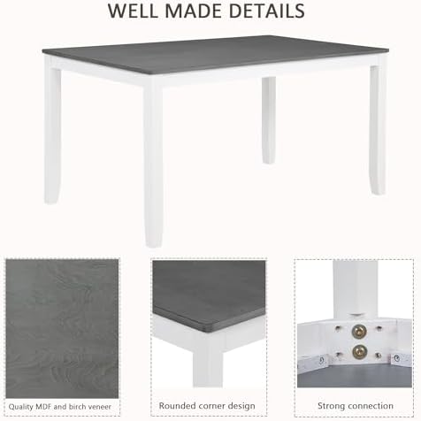 Harper & Bright Designs 58.5" Lx34.5 W Solid Wood 7-Piece Dining Table Set for 6, Grey White Two-Tone Kitchen Dining Room Set with 6 Upholstered Chairs, Rubber Wood Frame, 330LBS Capacity - Image 4