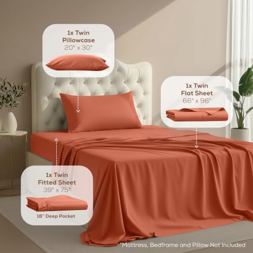 Twin Sheets Set, 3 Pieces 16" Deep Pocket Hotel Luxury Bed Sheets, Orange - Image 2