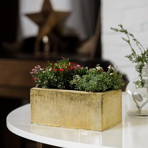 WGVI Long Rectangle Ceramic Planter Vase in Gold Etched 12" x 4" x 4"H, Block Rectangular Terrarium Box Pot, Flower Arrangement, Table top Centerpiece, Home Decor Storage Container, 1 Pc. - Image 4