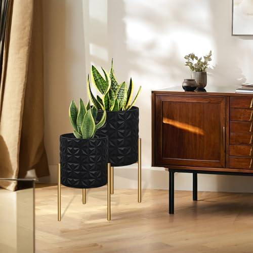 ARNIS Modern Planter Pots, Set of 2 Large Planters with Stand, Decorative Planters, Metal Pots with Drainage Holes for Living Room, Office, Garden or Balcony, 10.5 &12.25 Inch, Matte Black - Image 6