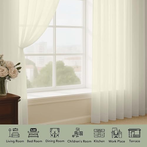 OWENIE Cream Sheer Curtains 96 Inch Long 2 Panels for Living Room 59" Wide - Image 3