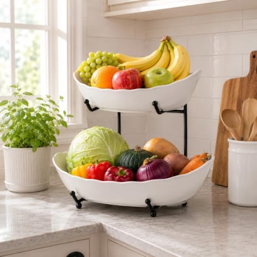 HBlife 2 Tier Large Fruit Bowl, Ceramic Fruit Basket for Kitchen Counter - Image 2