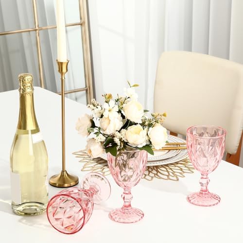 Yinder Glass Goblet Vintage Wine Goblet Embossed Glassware 10 oz Solid Color Glass Stemmed Cups for Iced Tea Beverage Soda Juice Water Liquor and Party Wedding Bars Restaurants(Pink,6 Pack) - Image 2
