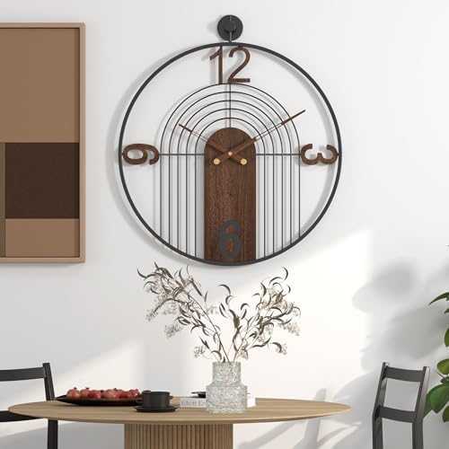 Modern Large Walnut Dial Wall Clock, Wood Metal Frame Silent Non Ticking Wall Clocks Decoration for Living Room, Bedroom, Kitchen, Study, Handmade Home Decor Present Idea, 29.5 Inch by VIVIFLYSE