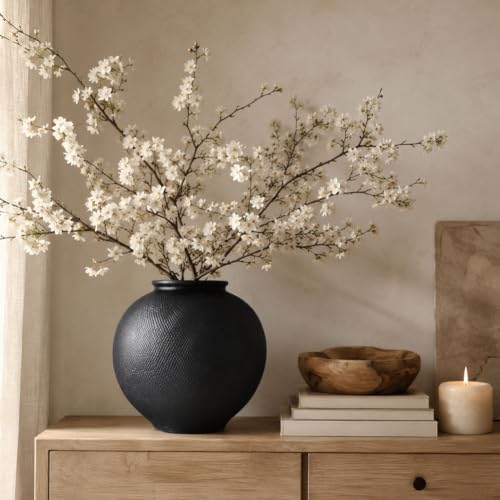 Large Blak Ceramic Vase - 9 Inch Large Black Round Vase, Rustic Farmhouse Vase for Home Decor, Dining Table, Shelf, Bedroom, Living Room, Kitchen, Office, Bathroom, Mantle, Centerpiece Décor - Image 6