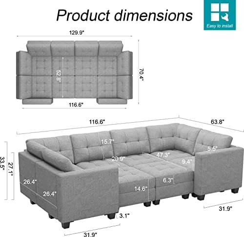 Belffin Modular Sleeper Sofa Bed with Storage Seat Oversized Modular Sectional Sofa Couch Set Reversible Modular Sleeper Sectional Couch Bed Light Grey - Image 2