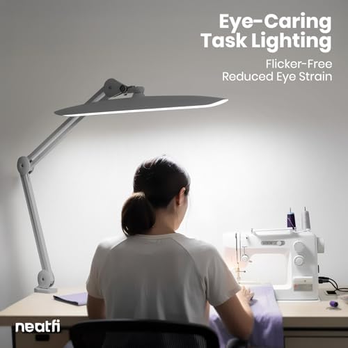 Neatfi XL 2200 Lumens 24W LED Desk Lamp – Shadow-Free Task Lighting | 4-Level Dimming | Home Office & Crafts Use | 20-Inch Wide Head (Silver, Non-CCT with Clamp) - Image 3