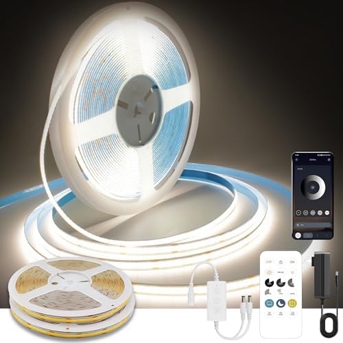 Pandery COB LED Strip Lights Natural White,24V Dimmable led Light Strip KIT with Remote and app Control,4000K 50FT/15m 8mm Wide Ra>90 Cuttable Flexible Strip Lights for Bedroom,Wardrobe,Cabinet by PanderyCOBLightUPYourLife