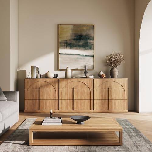 BELLEZE Sideboard Cabinet with 3 Drawers, Set of 3 Modern Wood Buffet Cabinet with Arc Design, Large Fluted Sideboard with Storage for Kitchen Living Room Entryway, Camel - Image 5