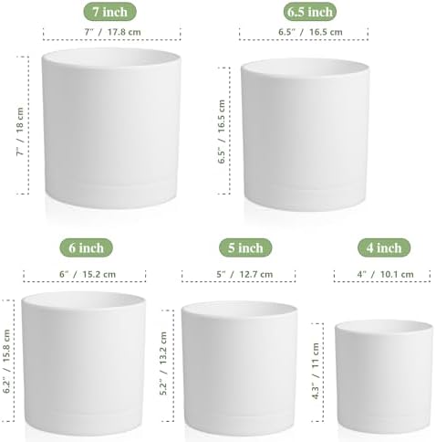 Meowell 7/6.5/6/5/4 inch Flower Pots, 5 Pack Cylinder Plant Pots for Small Indoor Outdoor Plants, Plastic Planters with Drainage Holes and Saucers for Garden Succulent Nursery House Plants, White - Image 2