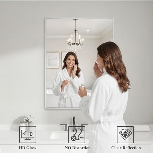 Koonmi White Rectangle Wall Mirror, 24x32 Inch Bathroom Mirror, Aluminum Frame Vanity Mirror for Entryway, Living Room, Bedroom Bathroom, Hangs Horizontally or Vertically - Image 3