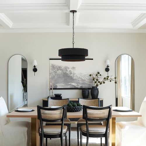 20” Black Hand Woven Rattan Chandelier Boho Pendant Light Adjustable Modern Pendant Light for Kitchen Island Dining Living Room, UL Listed - Image 4