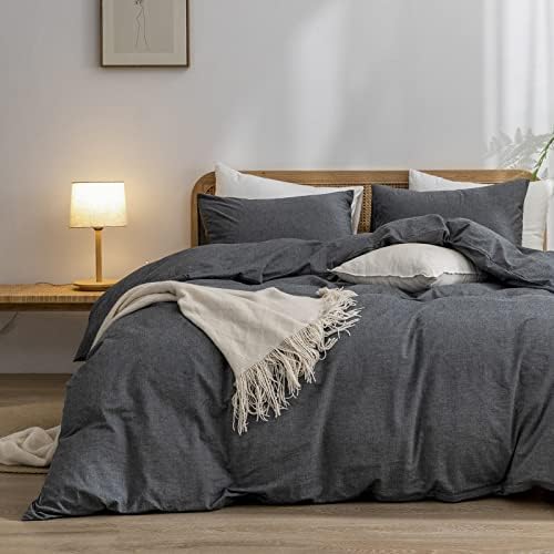 BESTOUCH Cotton Solid Duvet Cover Set Linen Feel Dark Black Queen by BESTOUCH