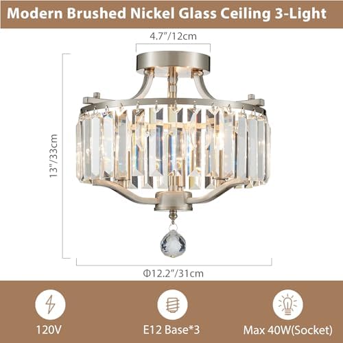 Brushed Nickel Crystal Semi Flush Mount Ceiling Light Fixture Modern Farmhouse Small Chandelier 3-Light Round Crystal Mini Chandelier for Dining Room Entryway Hallway Kitchen Bedroom Foyer - Image 3