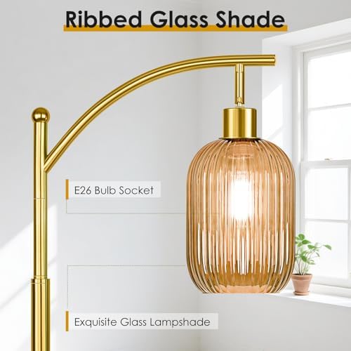 gernehop Glass Floor Lamp for Living Room, Modern Gold Standing Lamp with Ribbed Glass Lampshade Pedal Switch, 67” Tall Lamp for Bedroom Study Room - Image 3