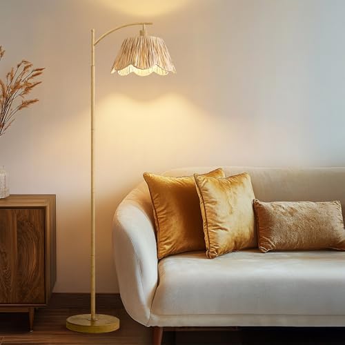 Oneach Boho Floor Lamp for Living Room, Farmhouse Standing Lamp with Foot Switch, Corner Reading Lamps for Bedroom with Hand-Woven Shade, Light Woodgrain Metal Base & Pole - Image 2