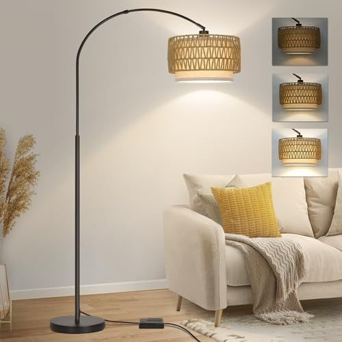 Rattan Floor Lamp, Dimmable Arc Floor Lamps with Adjustable Head by Seasidevillage