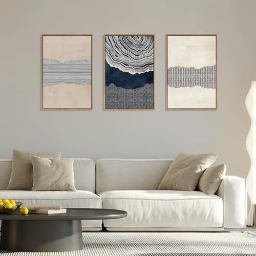 LHIUEM Large Abstract Navy Blue Beige Framed Canvas Wall Art,Modern Tree Rings Shapes Wall Decor,Neutral Retro Wooden Artwork for Living Room,Bedroom,Dining Room,Office -24"x36"x3 - Image 2