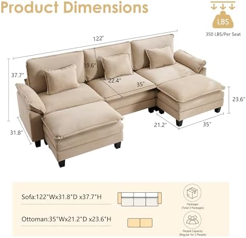 URRED Oversized Modular Sectional Sofa，Solid Khaki：122" U Shaped - Image 2