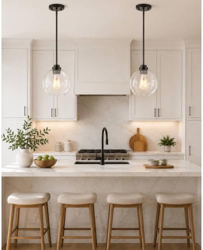 2 Pack Pendant Lights Kitchen Island, 8" Black Pendant Light Fixtures with Globe Clear Glass Shade, Modern Kitchen Island Lighting for Bathroom, AD-22280-2PL-BK by Audickic
