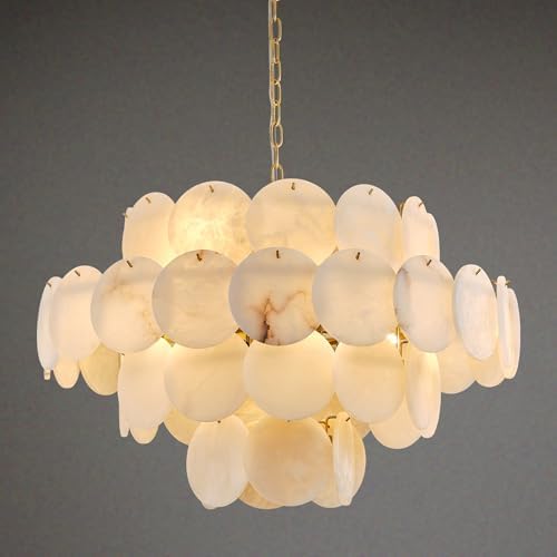 D31.5 Round Alabaster Chandelier, 4-Tier Brass Marble High Ceiling Chandeliers, 12-Light Modern Dimmable Pendant Light for Living Room Dining Room Bedroom Foyer Hallway Kitchen (Include Bulbs) by AUDOSY