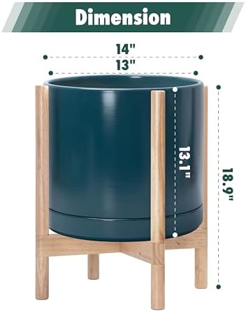 D'vine Dev Ceramic Pot with Natural Wood Stand, Teal, 14 in, 55-B-R-4 - Image 3