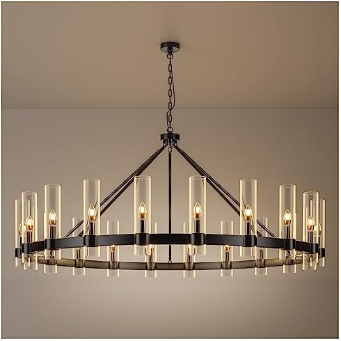 20-Lights Black Wagon Wheel Chandelier Modern Farmhouse with Glass Shade, 60 Inch Large Round Industrial High Ceilings Pendant Lighting Fixture for Dining Living Room, Kitchen Island, Foyer by AEULYTIR