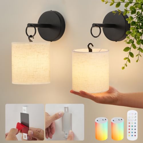 Peel and Stick Sconces Set of 2 Black, Detachable Battery Operated Wall Sconce With 10000 mah Rechargeable Bulbs, 12 RGB Battery Sconce With Remote, Renter Friendly Wall Lamps for Living Room,Bedroom by Aklswylb