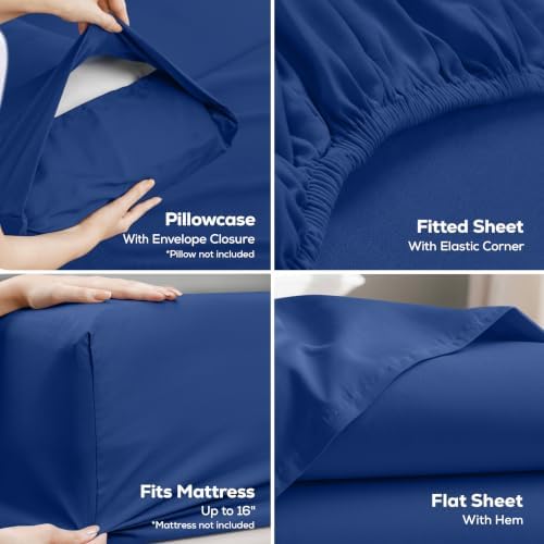 Full Sheets Set, 4 Pieces 16" Deep Pocket Hotel Luxury Sheets, Royal Blue - Image 3