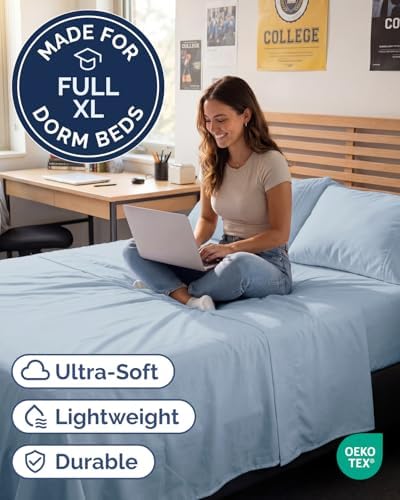 Full XL Sheets - 4 Piece Full XL Sheet Set - Cool & Breathable - Sky Blue - Image 2