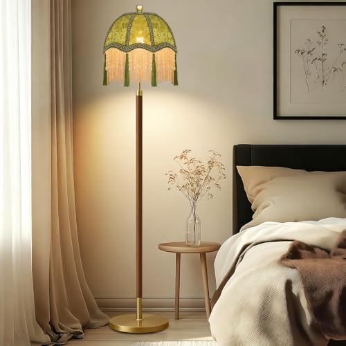 Wood Floor Lamps for Living Room Vintage Floor Lamp with Remote Control & 3 Color Temperature,Dimmable Floor Lamp Mid Century Modern Standing Lamp Green Fringe Tall Floor Lamp for Bedroom Corner - Image 6