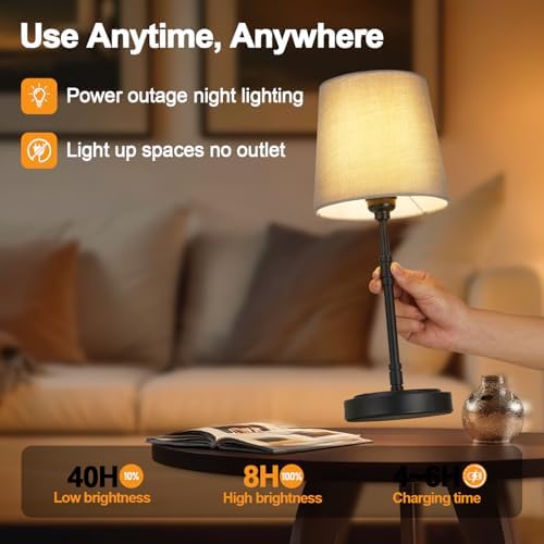 Cordless Table Lamps Set of 2 – Battery Operated Lamp with 7500mAh Rechargeable Battery, Stepless Dimmable Black Lamps with Grey Shade, Wireless Lamps for Dining Room & Nightstand (Bulbs Included) - Image 5