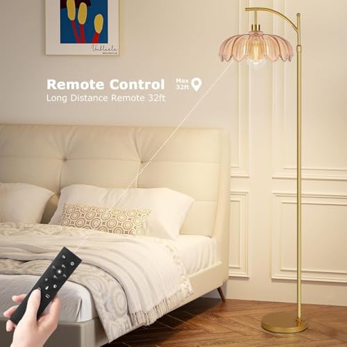 Arc Floor Lamp for Living Room Gold Floor Lamp with Remote Control,Dimmable Floor Lamps With Glass Lampshades,Mid Century Modern Standing Lamp Tall Vintage Flower Floor Lamps for Bedroom,Corner - Image 4