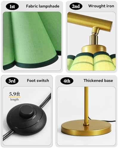 Floor Lamp with Pleated Linen Lampshade, Modern Flower Floor Lamp for Living Room Arc Standing Lamp, Gold Tall Lamp for Bedroom Office Dining Room, Bulb Included (Gold + Green, 65IN) - Image 3