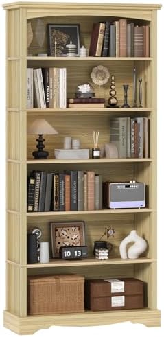 TVU 6-Tier Wooden Bookshelf, 76 Inch Tall Bookshelf with Storage, Floor Standing Modern Style Display Bookcase for Living Room, Office, Study Room, Entryway, Natural Wood Color by TVU