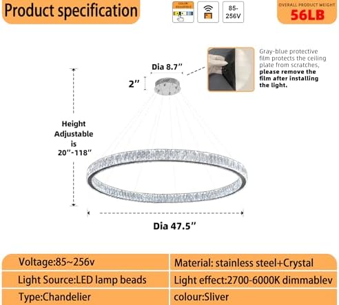 Modern LED Dimmable Crystal Chandelier 47.5" Ring Pendant Light Adjustable Round Chrome Crystal Chandelier for Dining Room Living Room - Image 3
