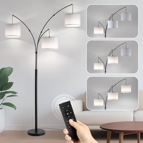 Floor lamp with Remote, 3 Light Arc Floor Lamps for Living Room, 2400LM Tall Standing Floor Lamps with White Shades, 80" Large Floor Lamp for Bedroom, Office by Fansdrick