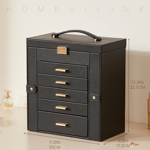 Large Leather Jewelry Box for Women, Mirror, 6 layer, Black - Image 2
