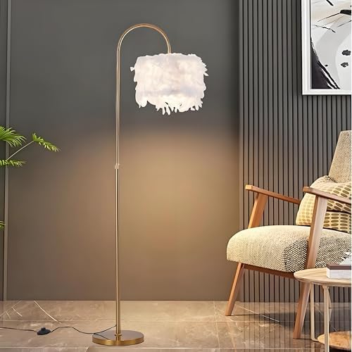 Arc Feather Floor Lamp, Gold Modern LED Feather Standing Lamp, Natural Feather Decorative Tall Lamp with Foot Switch, Brass/Gold Finish, for Living Room Bedroom Office Shop Window - Image 2