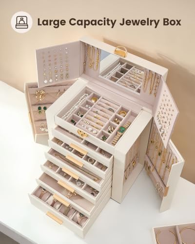 Lolalet Large Jewelry Box, 7-Layer Jewelry Organizer with 6 Drawers -Beige - Image 2