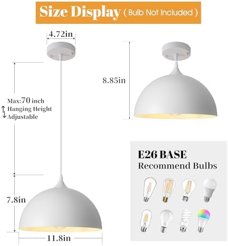 White Pendant Light 3 Pack,11.8 Inch Industrial Pendant Lights Adjustable Height, Farmhouse Pendant Lighting for Kitchen Island for Dining Room, Bedroom, Barn - Image 2
