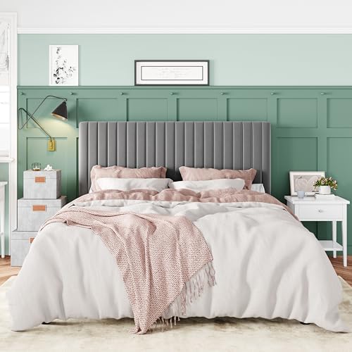 Allewie Full Bed Frame, Velvet Upholstered Platform Bed with Adjustable Vertical Channel Tufted Headboard, Mattress Foundation with Strong Wooden Slats, Box Spring Optional, Easy Assembly, Grey - Image 3
