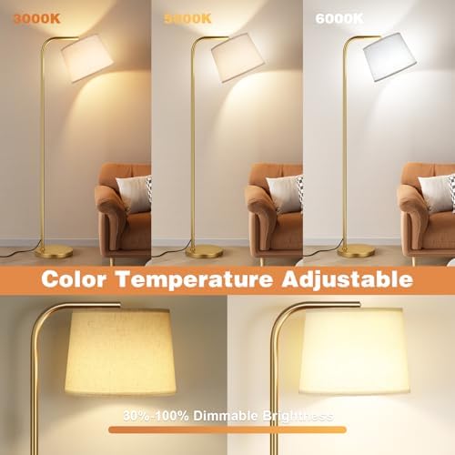 Ambimall Remote-Controlled Floor Lamp - Color Temperature Adjustable and Fully Dimmable, Standing Lamp for Living Room with Rotating Head, Tall Lamp for Bedroom, 9W Bulb Included (Gold and Beige) - Image 3