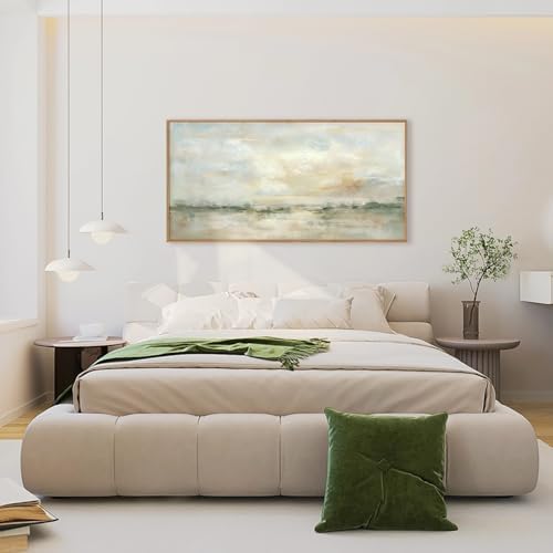 LHIUEM Large Abstract Green Gray Pastel Framed Canvas Wall Art,Neutral Landscape Wall Decor,Modern Watercolor Lake Artwork,Beige Textured Illustrations Art for Living Room,Bedroom,Office- 20"x40"x1 - Image 4