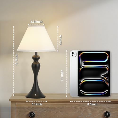 Cordless Table Lamp Rechargeable, Battery Night Light Fabric Shade, Black - Image 2